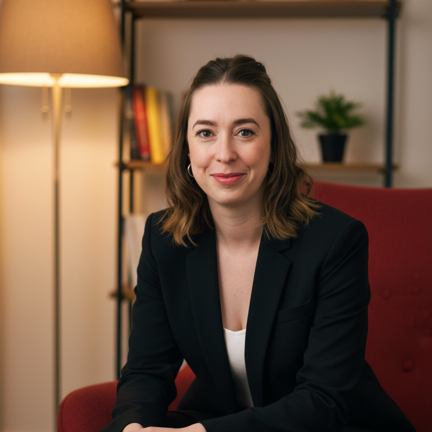 Headshot of Lanna smiling, sitting in a relaxed position, wearing a blazer with her hair tied back from her face.